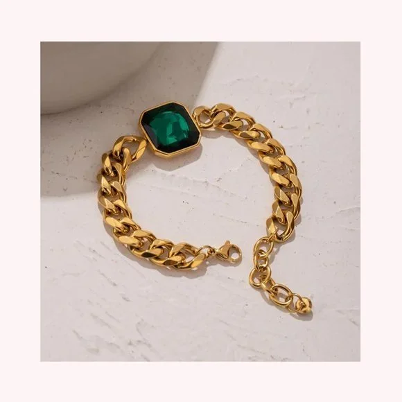 Cuban Chain Chunky Bracelet Emerald Color Stone - Picture 2 of 5
